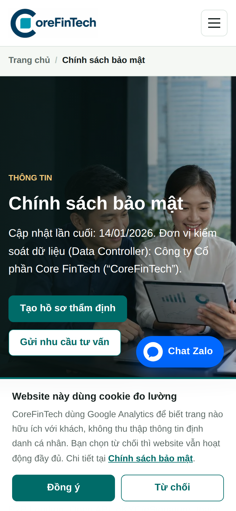 Chính sách bảo mật — ảnh chụp thật từ nền tảng CoreFinTech