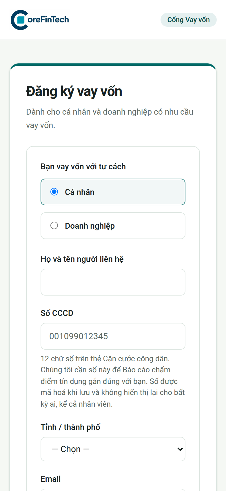 Đăng ký tài khoản — ảnh chụp thật từ nền tảng CoreFinTech