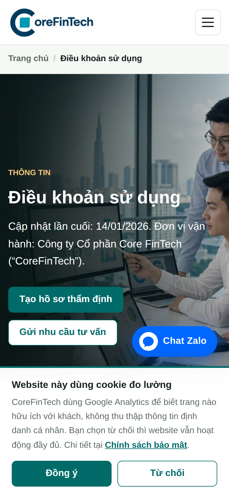Điều khoản sử dụng — ảnh chụp thật từ nền tảng CoreFinTech