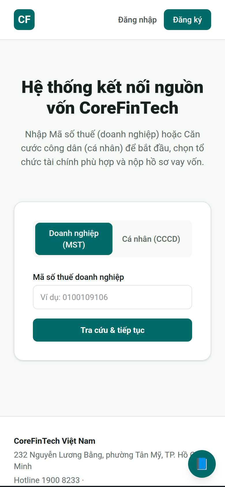 Gửi nhu cầu vay vốn — ảnh chụp thật từ nền tảng CoreFinTech