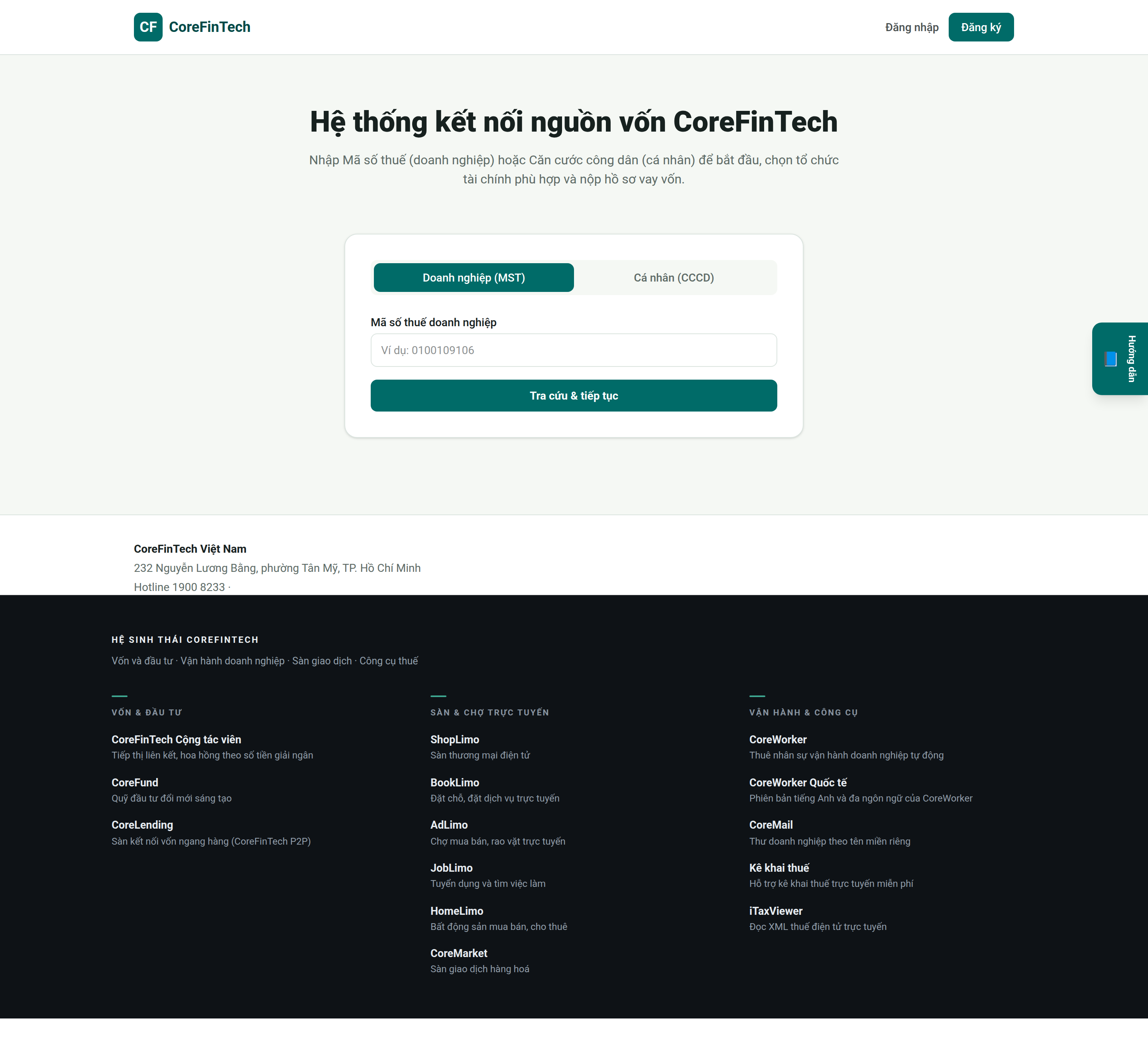 Gửi nhu cầu vay vốn — ảnh chụp thật từ nền tảng CoreFinTech