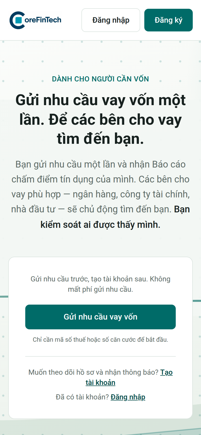 Trang chủ nền tảng — ảnh chụp thật từ nền tảng CoreFinTech